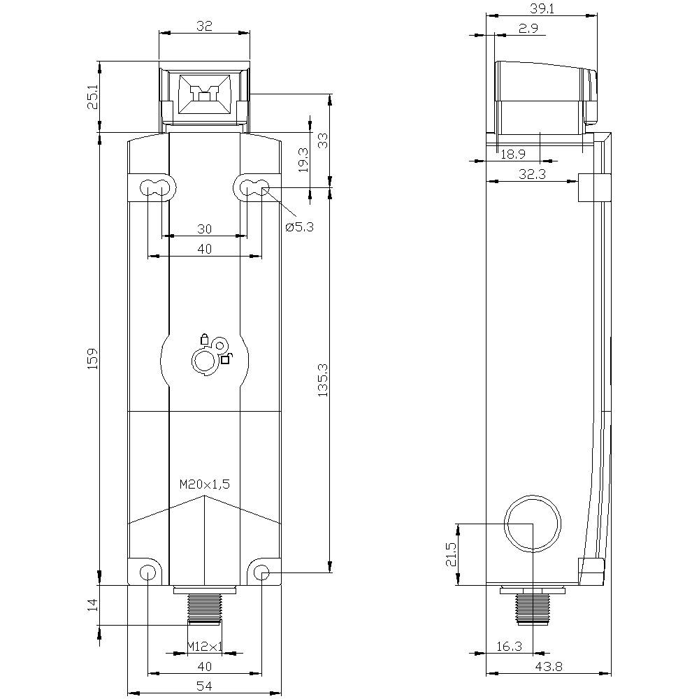 Technische Zeichnung eines zylindrischen Bauteils mit Abmessungen. Vorder- und Seitenansicht zeigen Längen- und Gewindemaße.