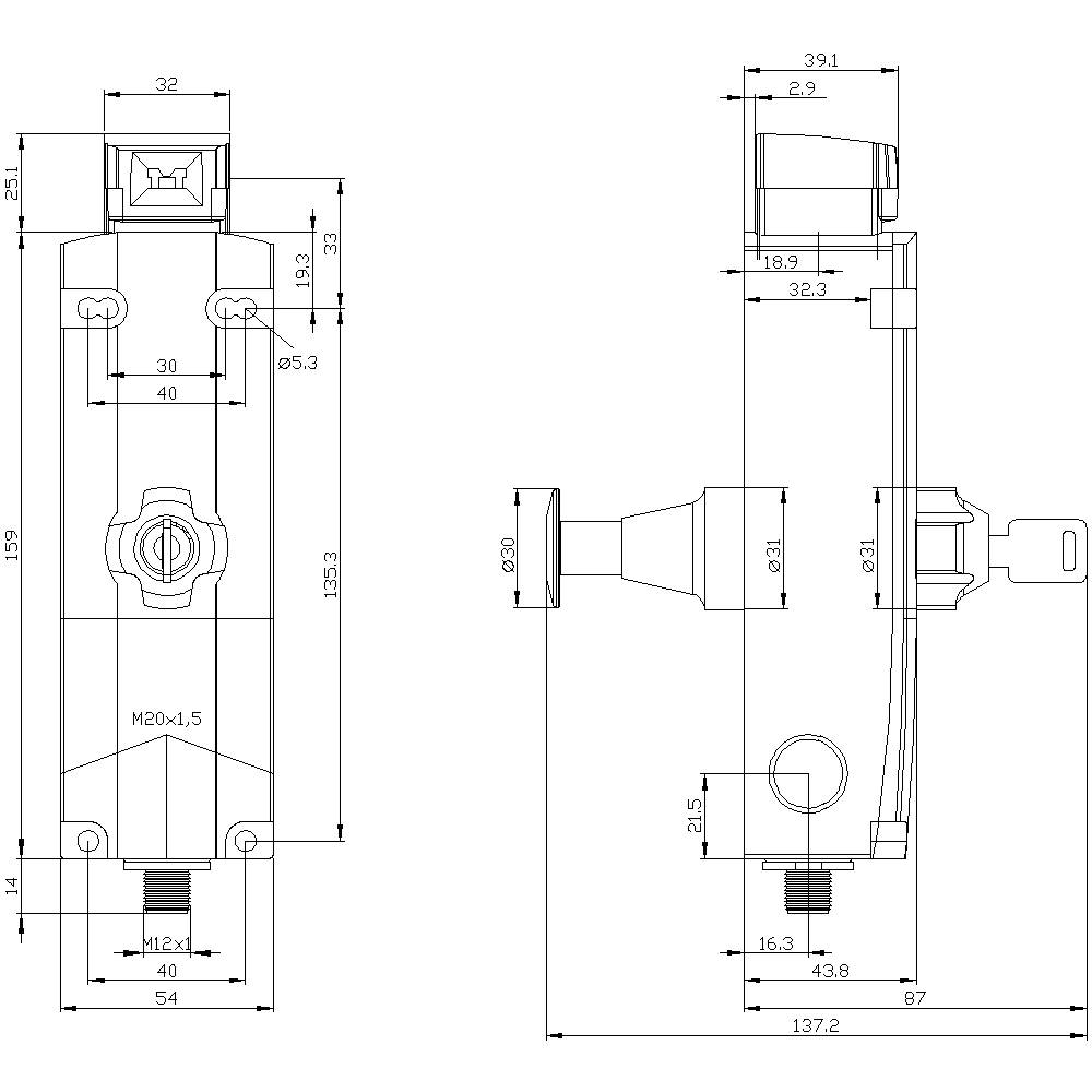 Technische Zeichnung eines Geräts mit Front- und Seitenansicht, detaillierten Abmessungen und Beschriftungen.
