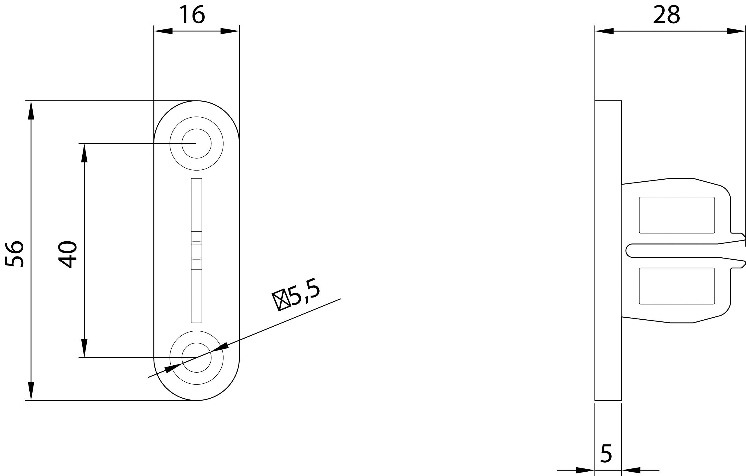 Technische Zeichnung eines rechteckigen Metallbeschlags mit Maßen: Länge 56 mm, Breite 28 mm, Bohrungsdurchmesser 5,5 mm.