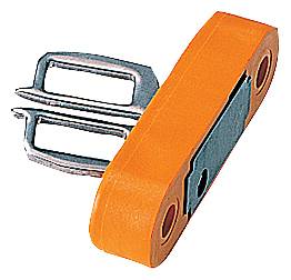 Ein orangefarbenes, rechteckiges Accessoire mit metallischen Schnallen und schwarzen Details, möglicherweise für den Verschluss von Gurten.