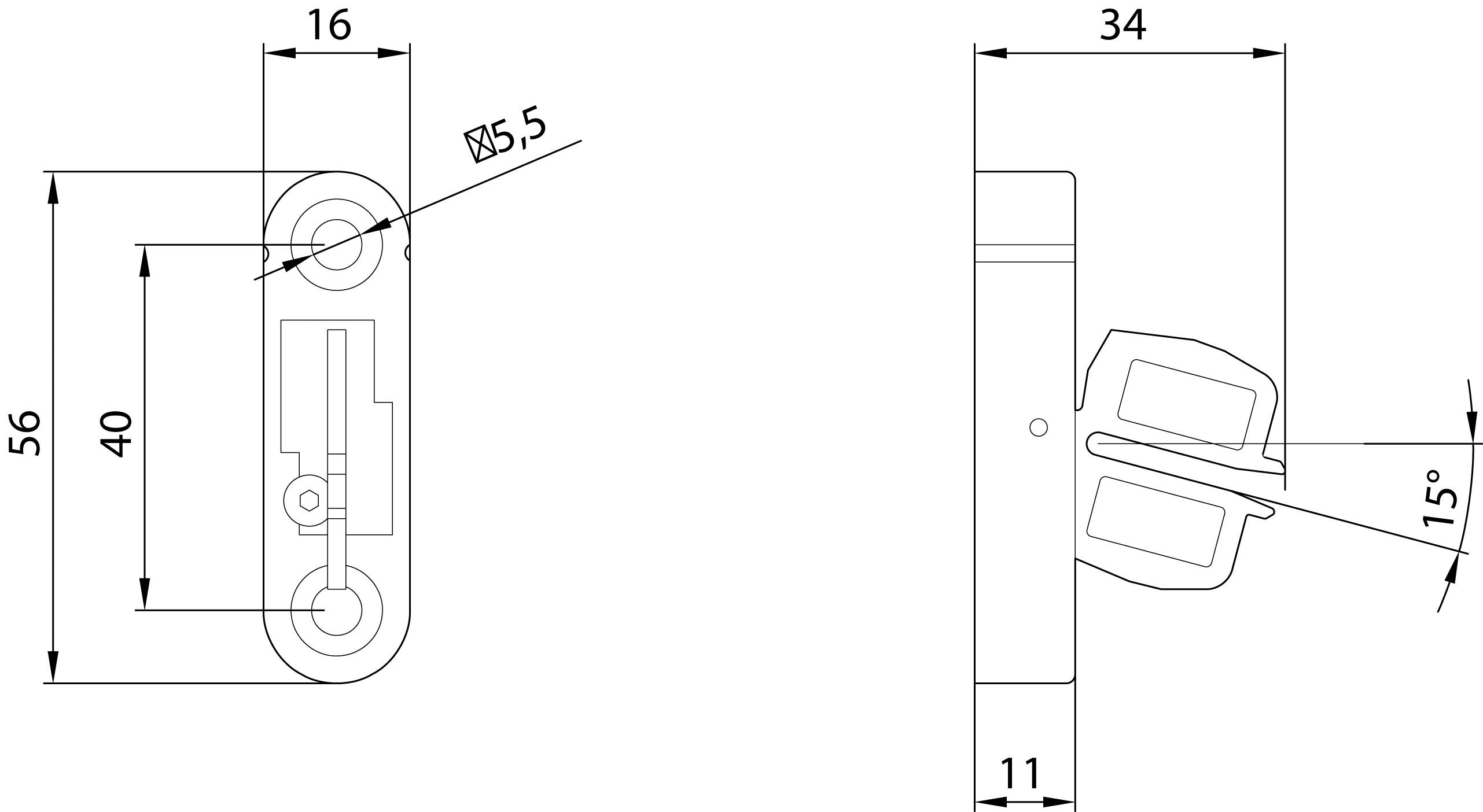 Technische Zeichnung eines Metallbeschlags mit Maßen: 56x11 mm, Montagelöcher, 34 mm Länge und einem 15° Winkel auf der rechten Seite.