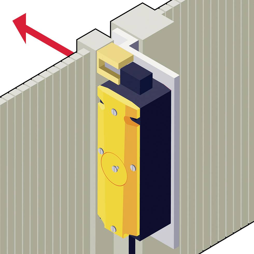 Sensor mit gelbem Gehäuse an einer Wand montiert; roter Pfeil zeigt nach oben, symbolisiert Richtungserkennung oder Alarmauslösung.