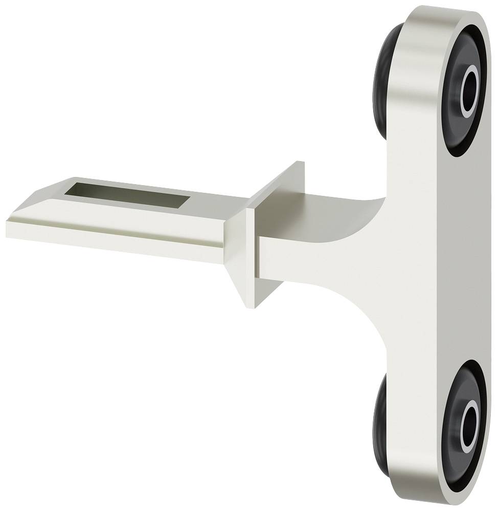 Ein silbernes T-Stück mit vier schwarzen Rollen, möglicherweise ein Bauteil oder Mechanismus für bewegliche Konstruktionen.