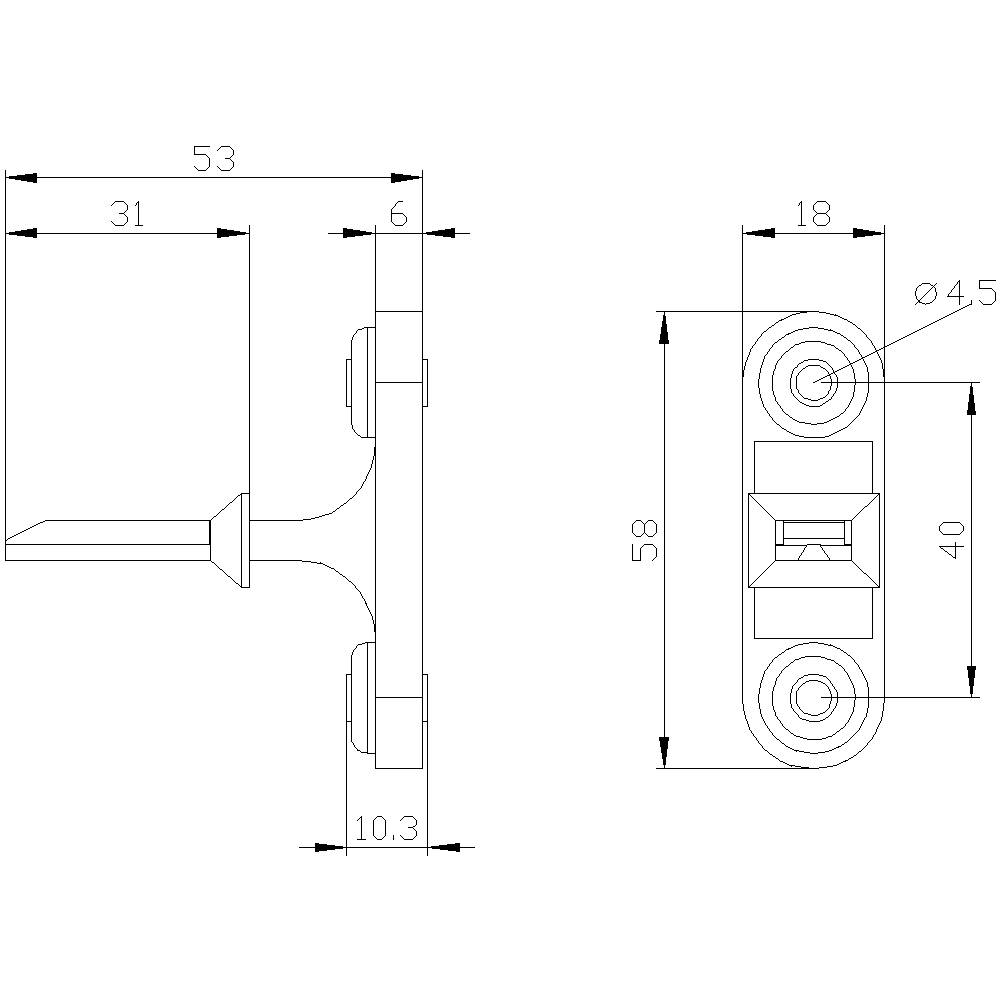 Technische Zeichnung eines Schlossriegels mit Abmessungen: 53 mm Länge, 58 mm Höhe, 6 mm Dicke; Schraubenlöcher Ø 4,5 mm.