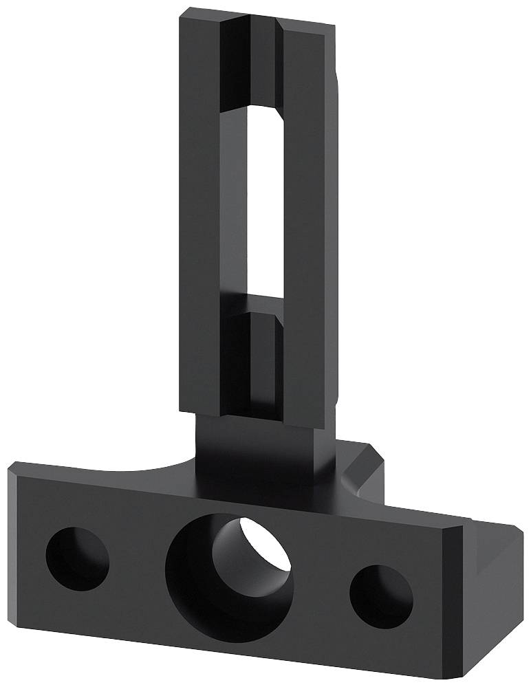 Ein schwarzes, rechteckiges Metallteil mit drei Löchern, eines davon zentral platziert. Oben ragt ein länglicher Steg empor.