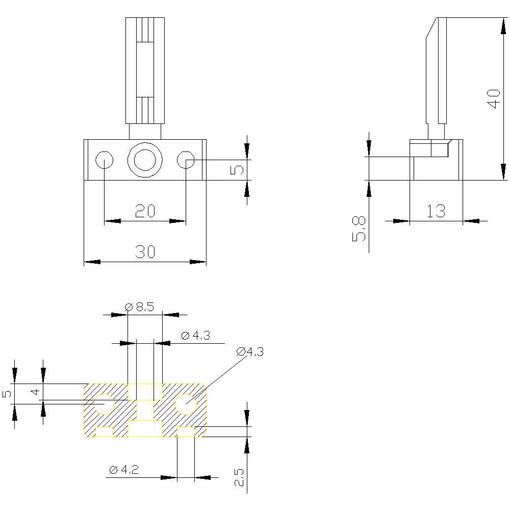 Technische Zeichnung eines mechanischen Bauteils. Maße und Durchmesser sind angegeben, inklusive Höhen- und Breitenangaben. Hauptansicht und Querschnitt.