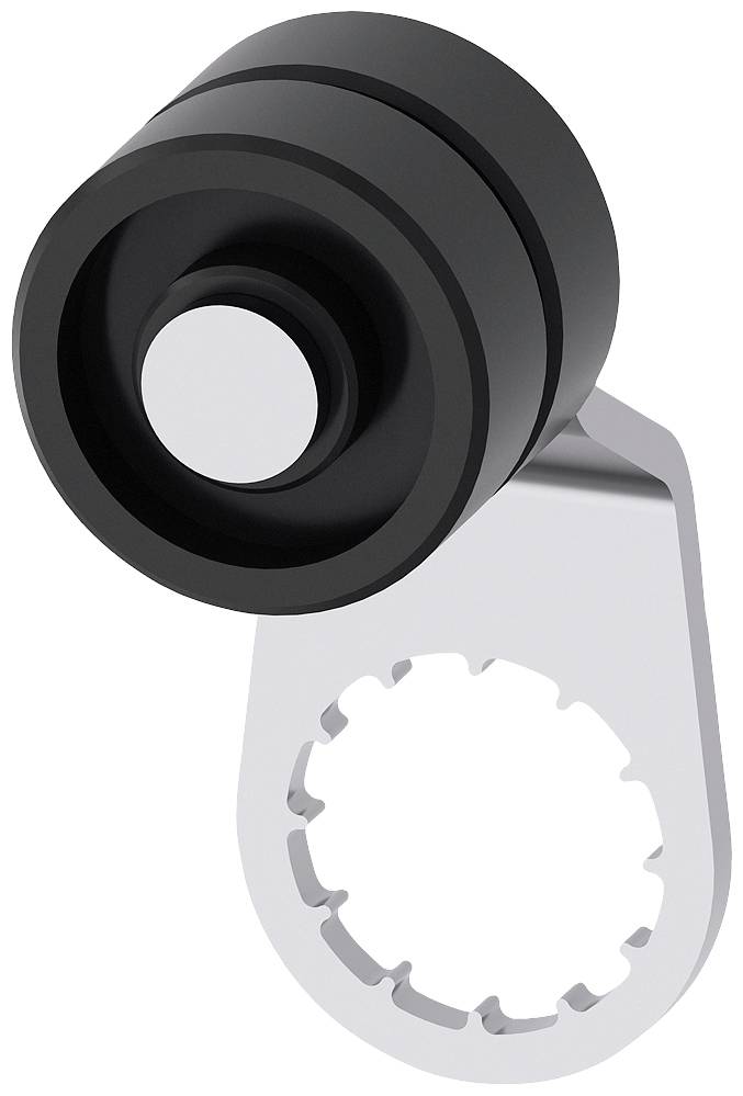 Ein schwarzes, rundes Kameramodul auf einer silbernen Halterung, die an eine ringförmige Struktur erinnert.