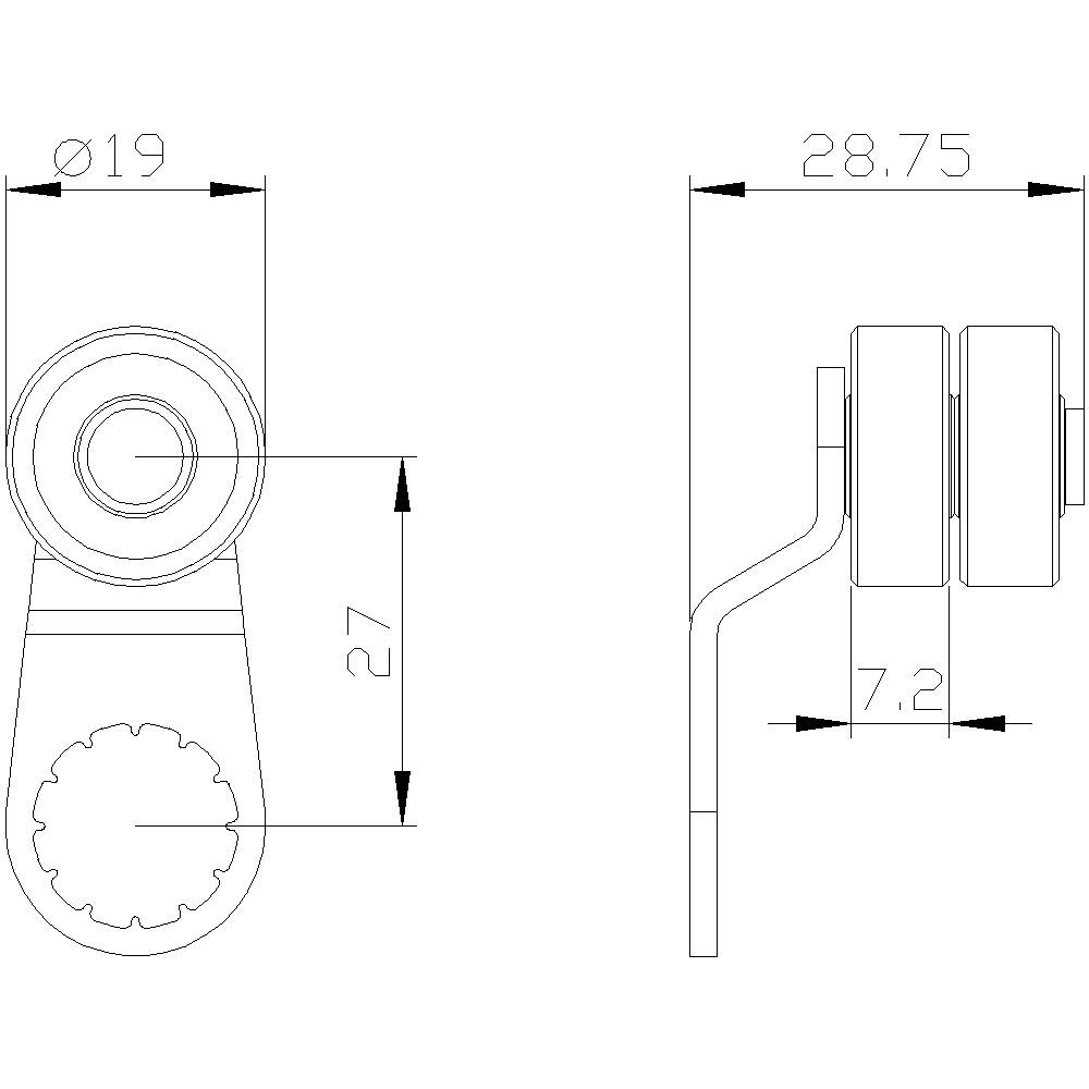 Technische Zeichnung eines Bauteils mit zwei Ansichten. Maße: Durchmesser 19 mm, Höhe 27 mm, Breite 28,75 mm, Dicke 7,2 mm.