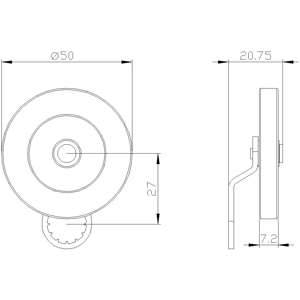 Technische Zeichnung eines runden Türgriffs mit Maßangaben: Durchmesser 50 mm, Tiefe 7,2 mm, Gesamttiefe mit Griff 20,75 mm.