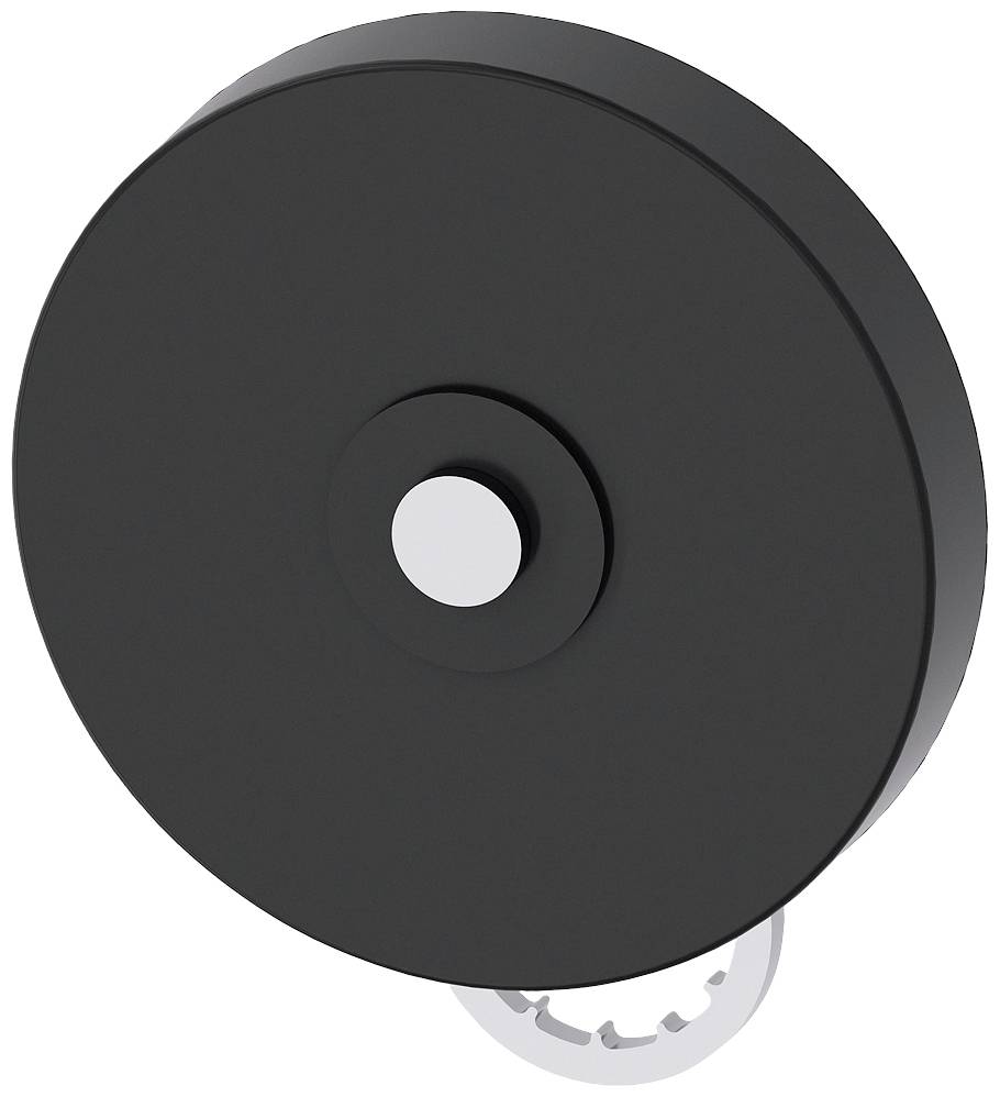 Schwarze, runde Magnetplatte mit kleiner grauer Kreisscheibe in der Mitte. Magnet dient zur Befestigung von Gegenständen an Metalloberflächen.