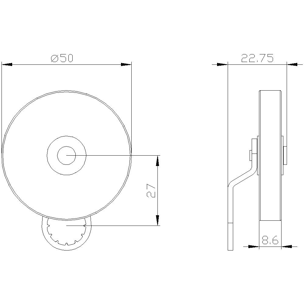 Technische Zeichnung eines zylindrischen Bauteils mit Maßen: Durchmesser 50 mm, Höhe 22,75 mm, Breite 8,6 mm.