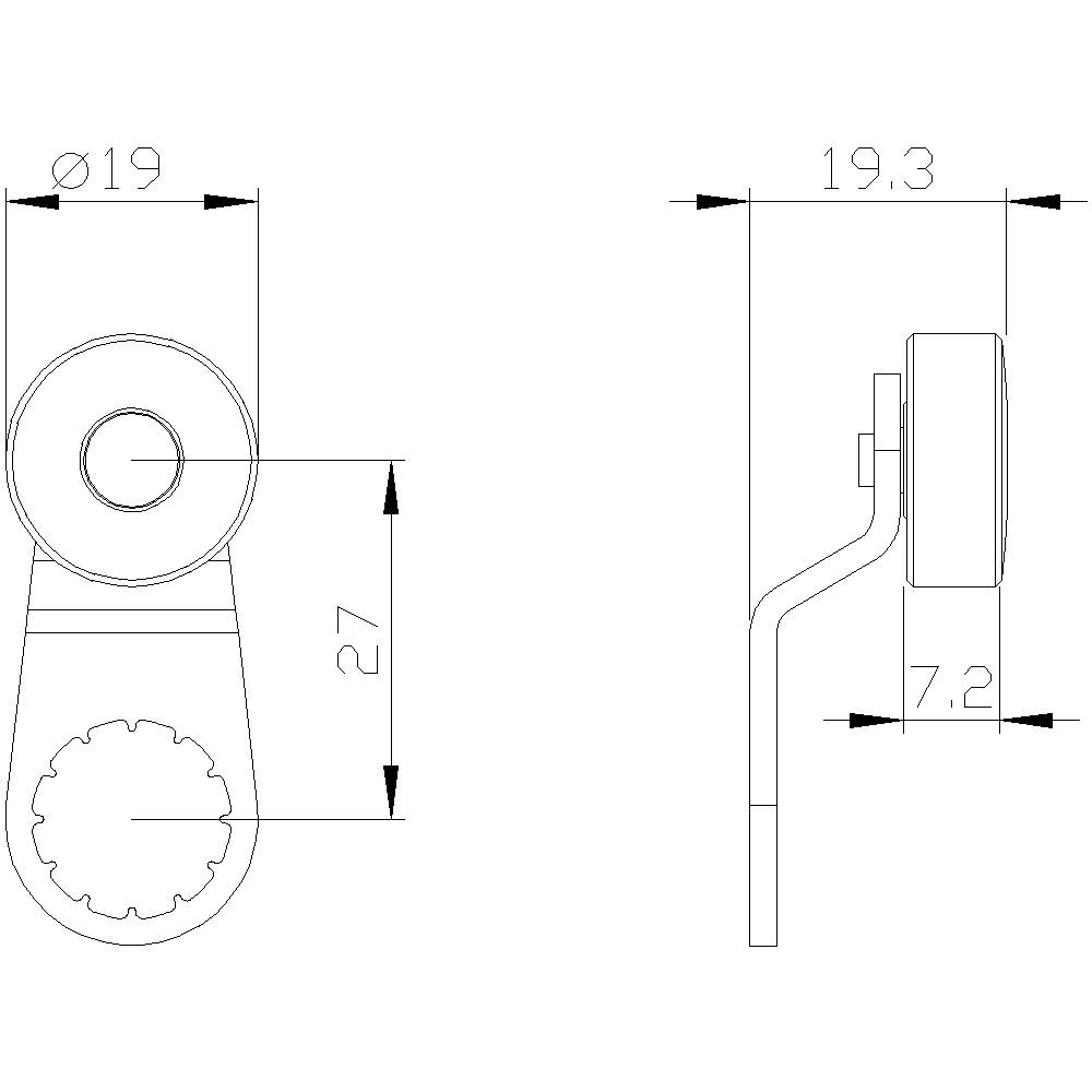 Technische Zeichnung eines Bauteils mit Draufsicht und Seitenansicht. Maße: 19 mm Durchmesser, 27 mm Höhe, 7,2 mm Dicke.