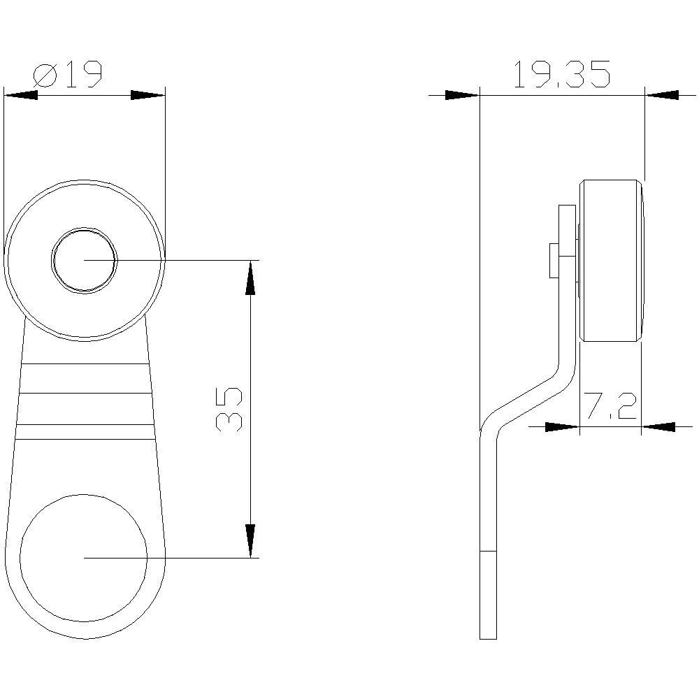 Technische Zeichnung eines Bauteils mit seitlicher und frontaler Ansicht. Maße sind angegeben: Durchmesser 19 mm, Höhe 35 mm, Dicke 7,2 mm.