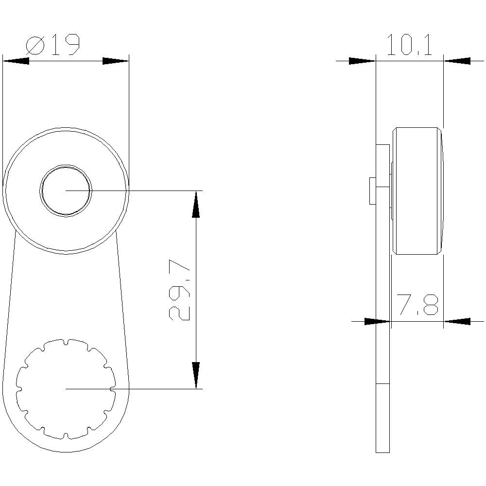 Technische Zeichnung eines Flaschenöffners mit Maßen: Gesamtlänge 29,7 mm, Breite 19 mm, Dicke 10,1 mm. Seiten- und Vorderansicht.