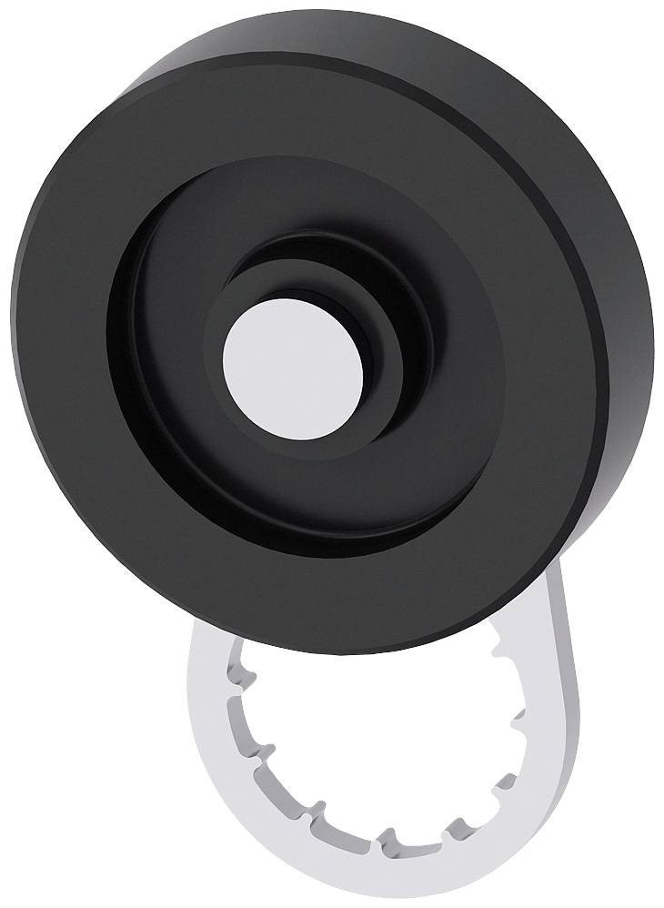 Schwarzes Rad mit metallener Zahnradhalterung. Das Design zeigt technische Komponenten, möglicherweise für eine Maschine oder ein Gerät.