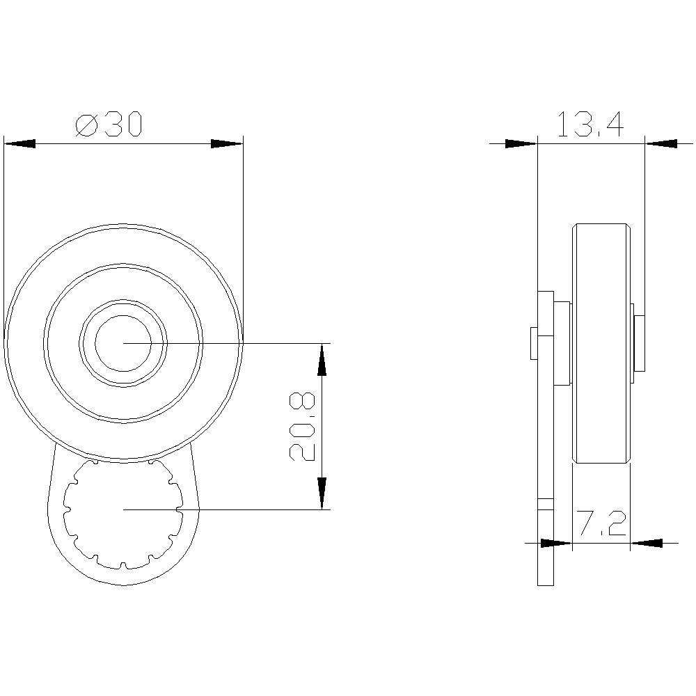 Technische Zeichnung eines runden Bauteils mit Durchmesser 30 mm, Bauhöhe 13,4 mm. Seitenansicht zeigt 7,2 mm Tiefe.