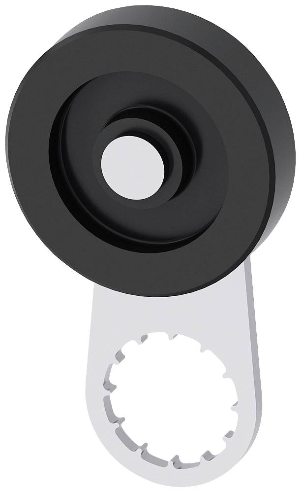 Runder schwarzer Kunststoffgriff mit zentralem Loch und gezacktem Metallträger, geeignet für Maschinen- oder Geräteanwendungen.