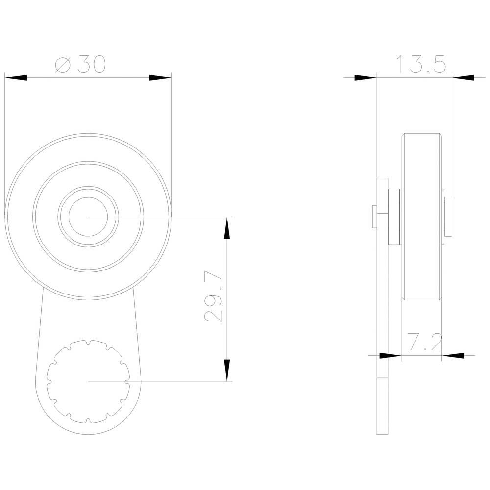 Technische Zeichnung eines runden Mechanismus mit Maßen. Draufsicht und Seitenansicht zeigen Details mit Durchmesser und Höhe.