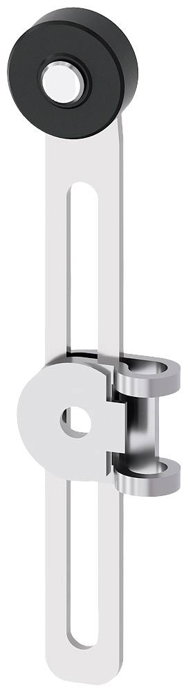 Metallisches Schiebesystem mit schwarzer Rolle und silberner Halterung.