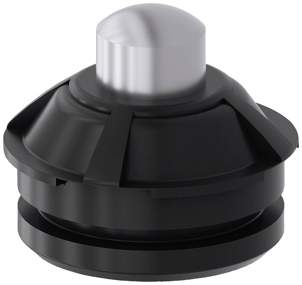 Schwarzer Plastikknopf mit silbernem, abgerundetem Oberteil, vermutlich ein Drehknopf für elektronische Geräte oder Maschinen.