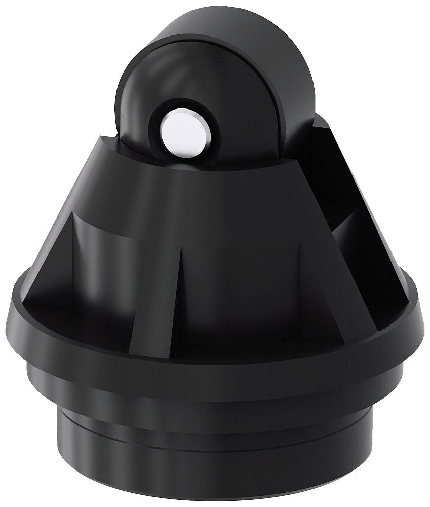 Schwarzer Kunststoffkopf für Gabelkopf, abgerundetes Design, mit zentralem Loch für Befestigung.