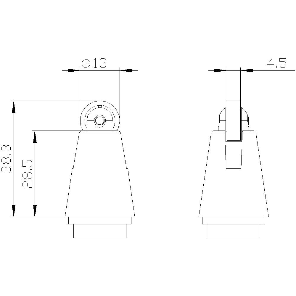 Technische Zeichnung eines zylinderförmigen Bauteils, Seitenansicht mit Maßen: Gesamthöhe 38,3 mm, Breite oben 13 mm, von der Seite 4,5 mm.