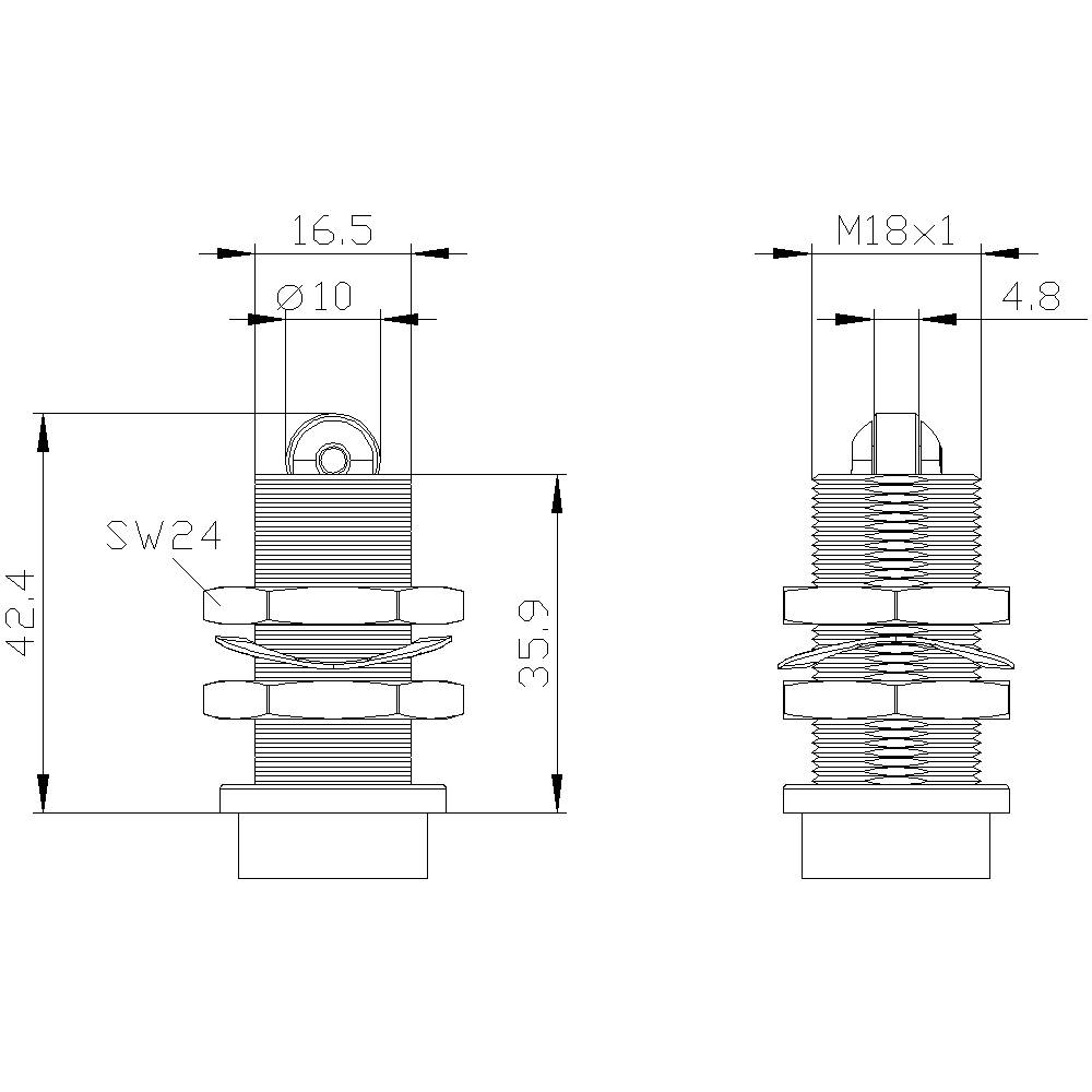 Technische Zeichnung eines M18x1 Sensors mit Maßen: Gesamthöhe 42,4 mm, Gewindelänge 35,9 mm, SW24 Schlüsselweite, Bohrung 10 mm.
