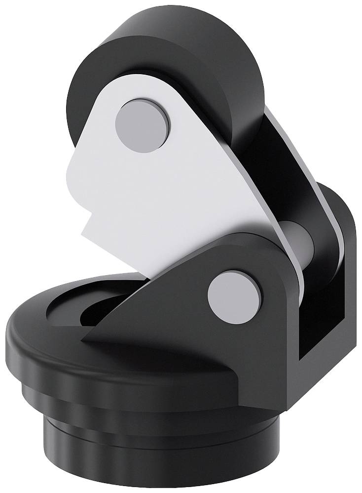 Schwenkbare Halterung aus schwarzem Kunststoff und Metall, geeignet für Montagelösungen, zeigt Drehmechanismus für flexible Positionierung.