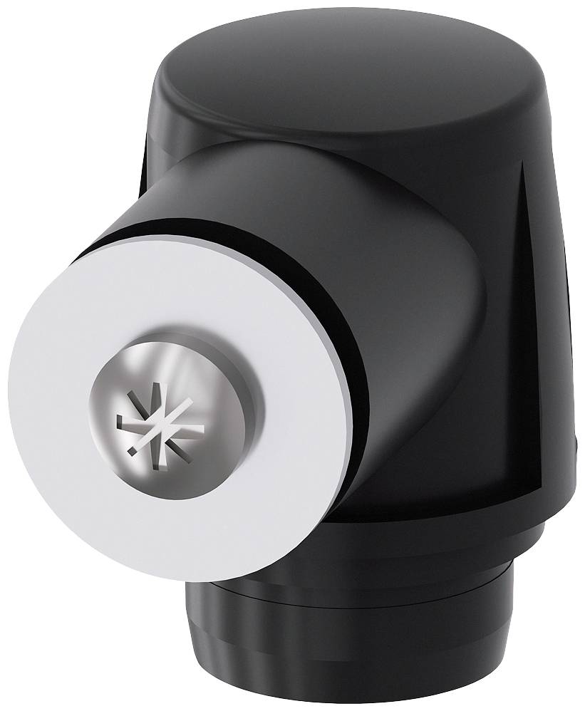 Ein schwarzer, zylindrischer Drehknopf mit einem silbernen Kreis, der ein stilisiertes Sternsymbol in der Mitte zeigt.