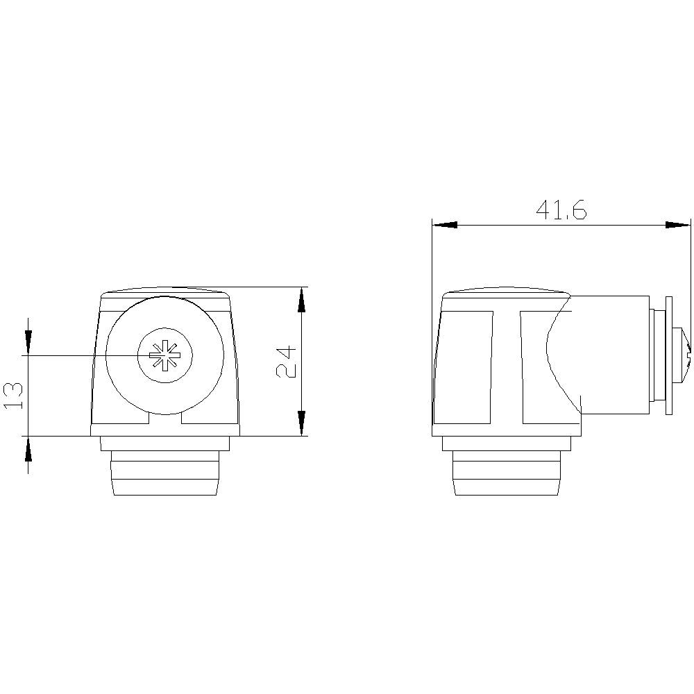 Technische Zeichnung eines Ventils mit Maßen: Höhe 24 mm, Breite 13 mm, Gesamtlänge 41,6 mm. Vorder- und Seitenansicht.