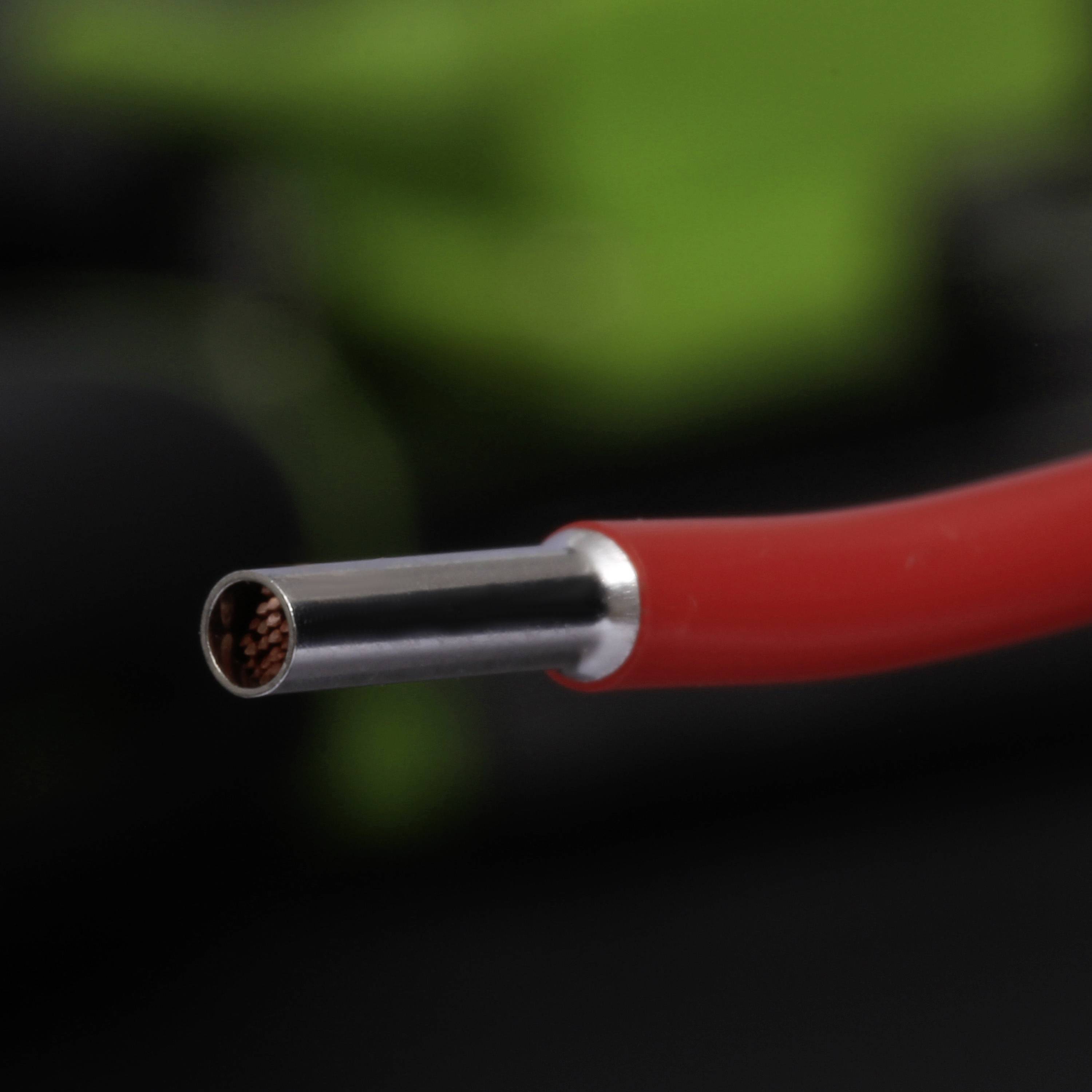 Rotes Stromkabel mit blankem Kupferdraht an einem Ende, symbolisiert Elektrizität und Verbindung in einer technischen Umgebung.