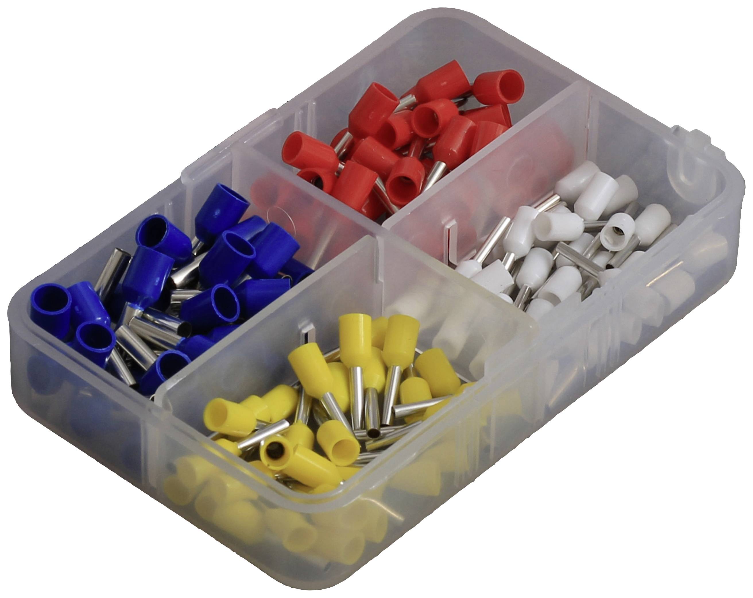 Eine Plastikbox mit vier Fächern, gefüllt mit farbigen Aderendhülsen: rot, weiß, blau und gelb. Ideal zur Kabelverbindung.