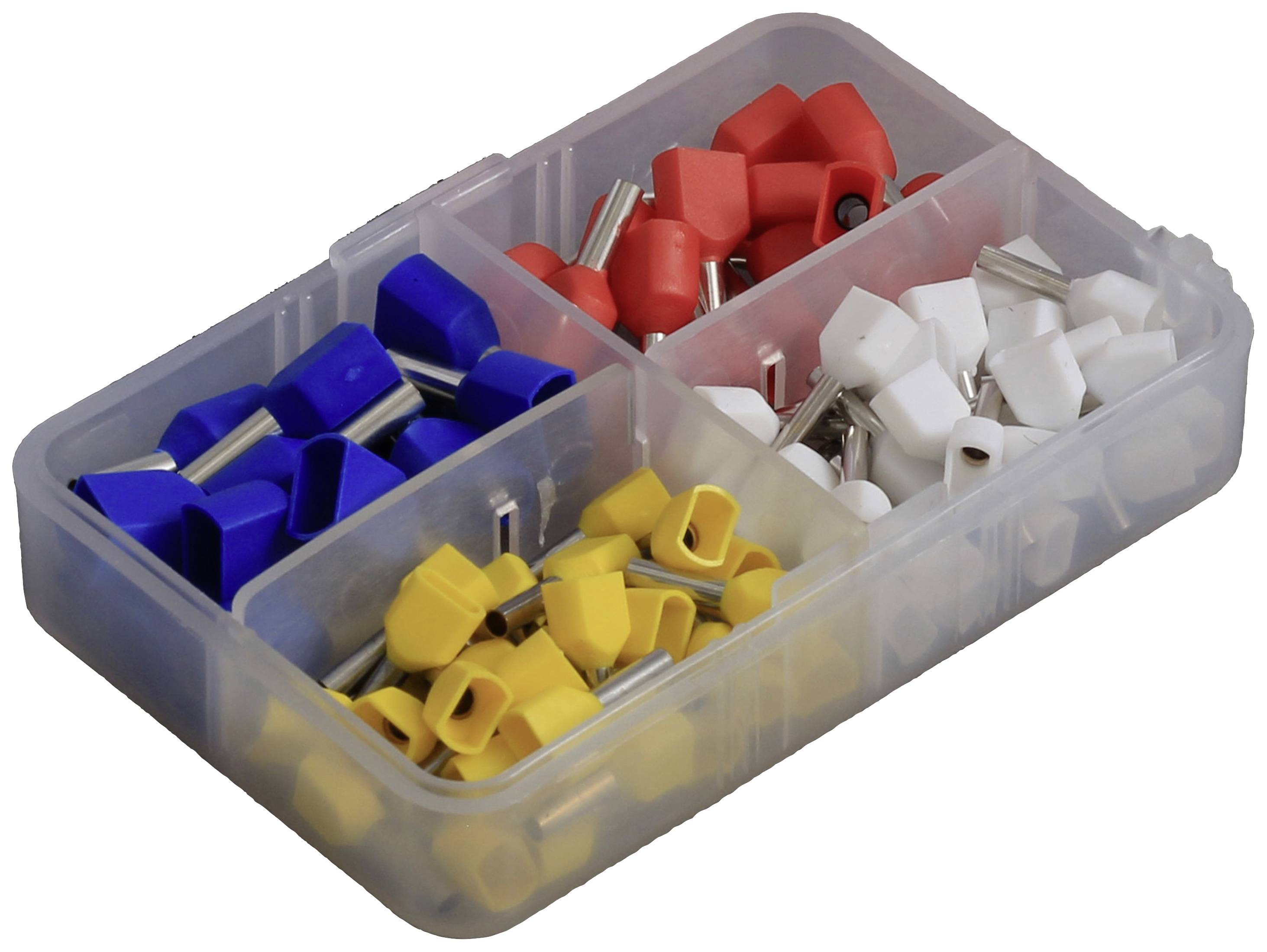 Eine transparente Aufbewahrungsbox mit vier Fächern, gefüllt mit blauen, roten, weißen und gelben isolierten Aderendhülsen.