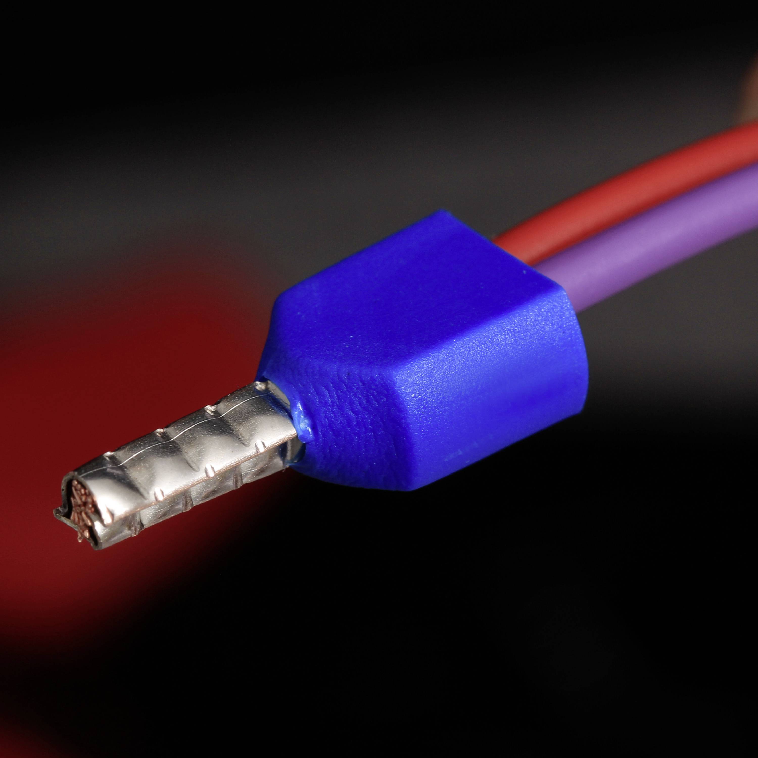 Blauer Steckverbinder mit rotem und violettem Kabel auf dunklem Hintergrund.