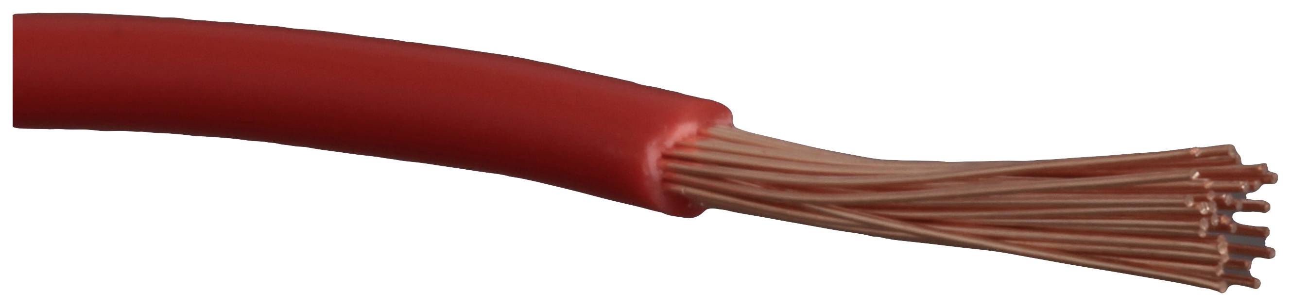 Ein rotes, isoliertes Kabel mit freiliegenden kupfernen Drahtlitzen am Ende.