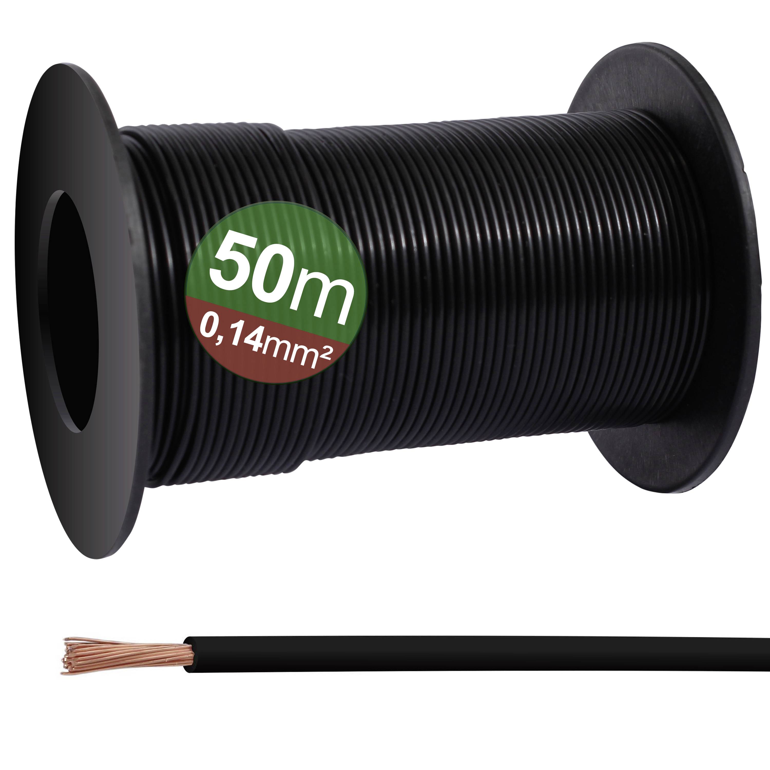 Schwarze Kabelrolle mit 50 Metern Lernkabel, 0,14 mm² Querschnitt. Geeignet für elektrische Installationen und Projekte.