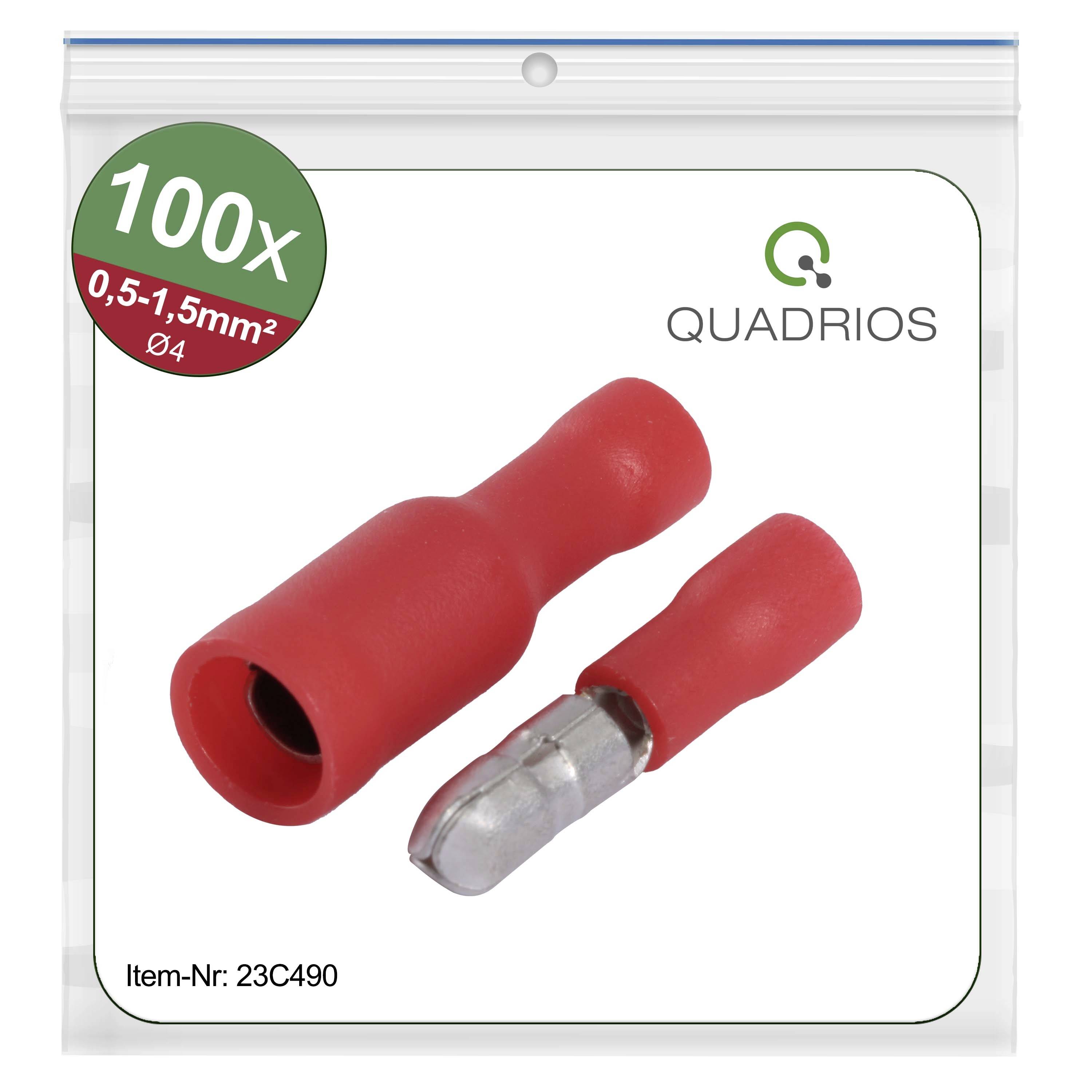'100X rote Kabelschuhe 0,5-1,5 mm², Ø4 mm', abgebildet in einer durchsichtigen Verpackung. Produktcode: 23C490, Marke: Quadrios.