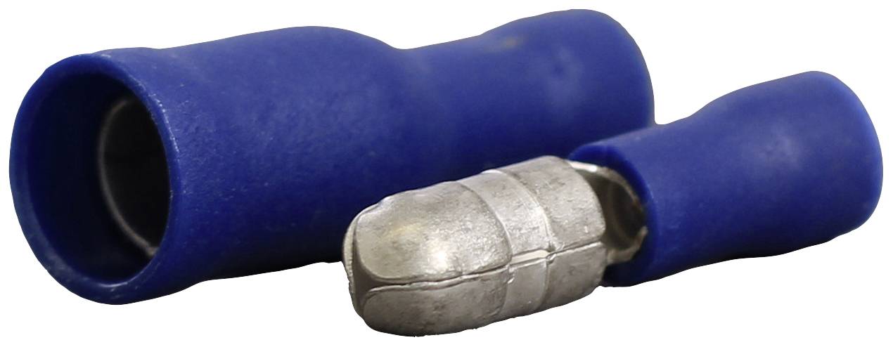 Ein blauer isolierter Kabelstecker mit Metallkontakt ist teilweise auseinandergezogen, zeigt die Konstruktion des Steckverbinders.