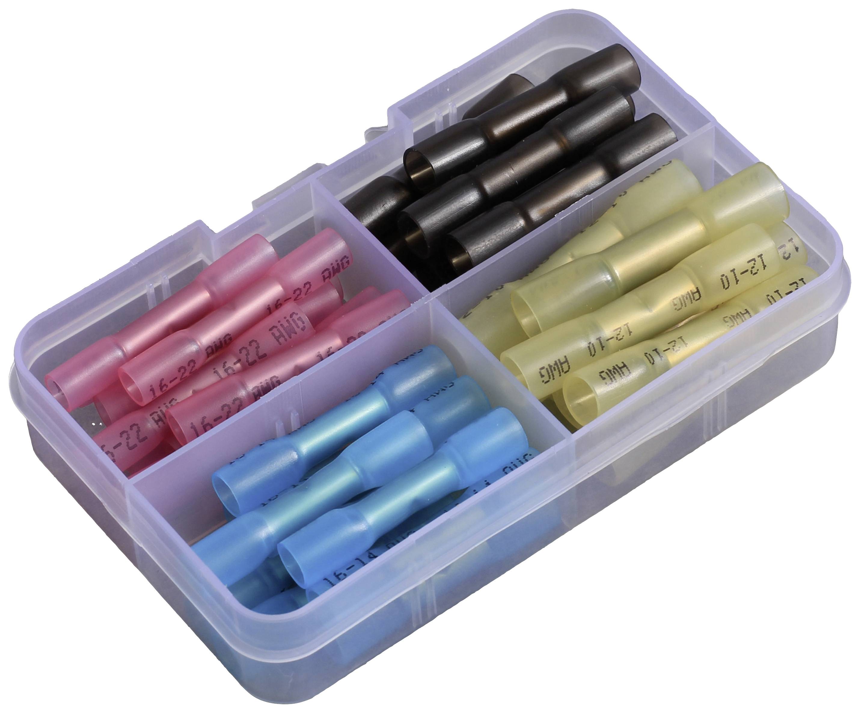 Sortiment von isolierten Kabelverbindern in einer Plastikbox. Enthält rote, blaue, schwarze und gelbe Verbindungen, in Fächern geordnet.