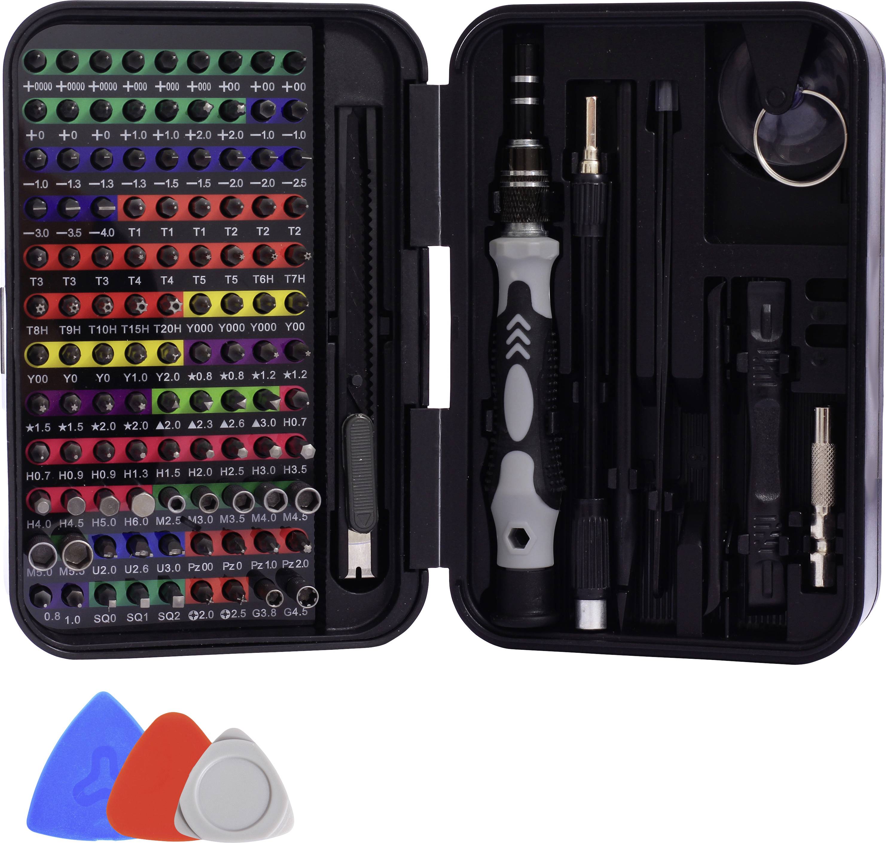 Werkzeugset mit Schraubendrehern, Bits verschiedener Größen und Formen, Pinzette und Plastiköffnungswerkzeuge, ideal für Reparaturen.