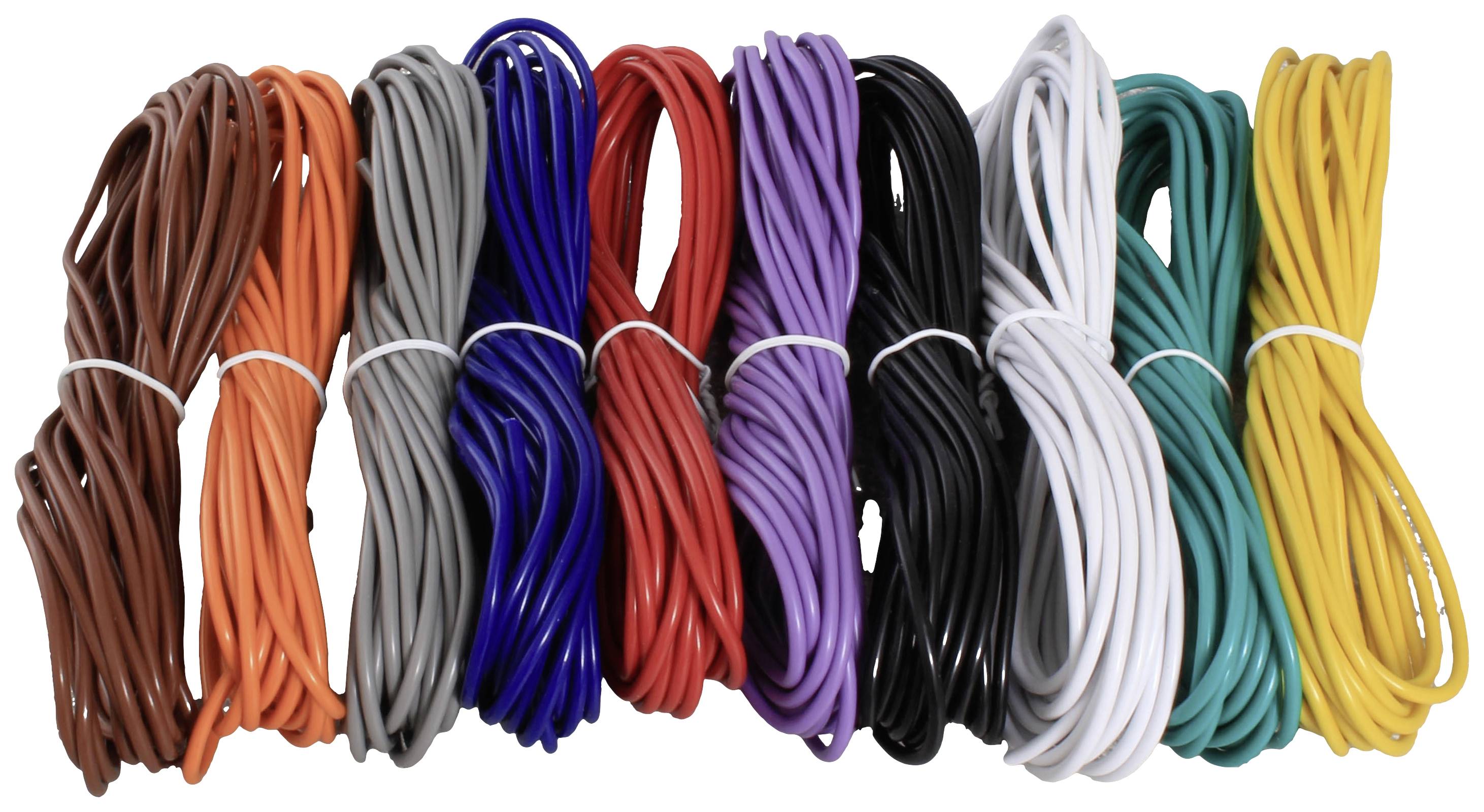 Ein Bündel bunter Kabel, aufgerollt in verschiedenen Farben: Braun, Orange, Grau, Rot, Lila, Schwarz, Weiß, Grün und Gelb.