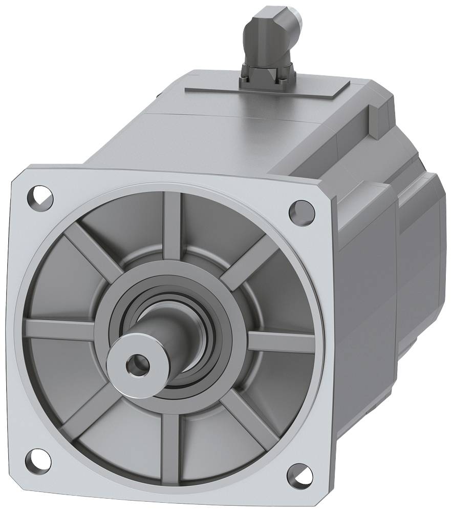 Ein grauer Elektromotor mit quadratischer Frontplatte und zentralem Rotor. Oben befindet sich ein elektrischer Anschluss.