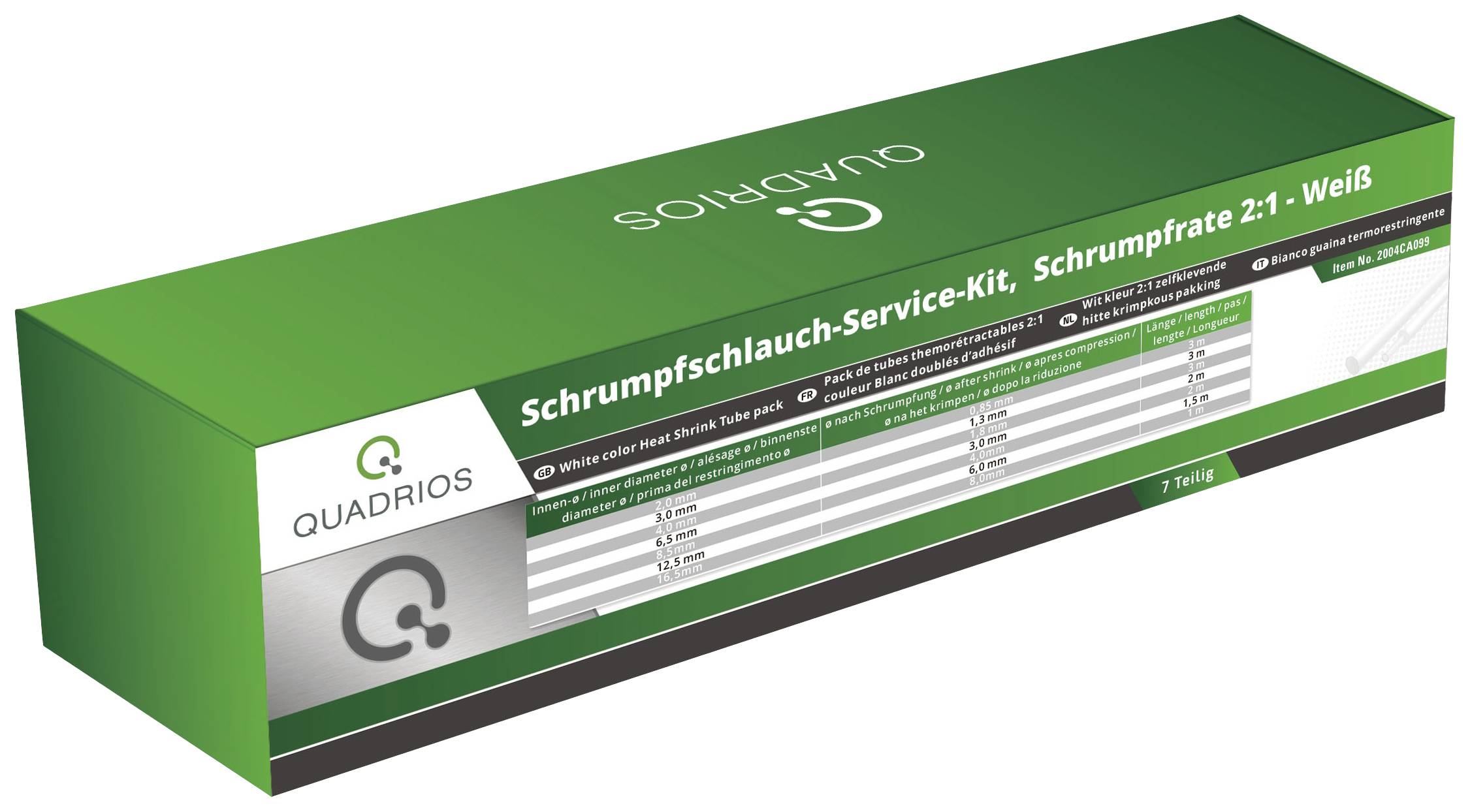 Eine grüne Verpackung mit der Aufschrift 'Schrumpfschlauch-Service-Kit, Schrumpfrate 2:1 - Weiß', enthält 7 Teile.