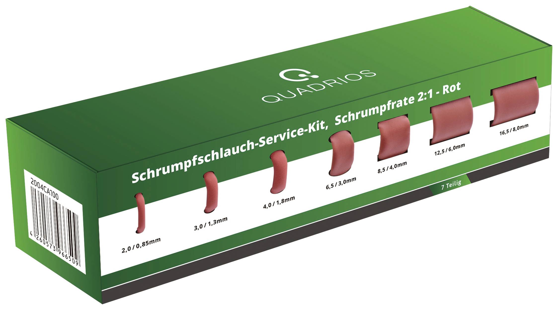 Schrumpfschlauch-Service-Kit von Quadrios: Sieben rote Schrumpfschläuche in verschiedenen Größen auf grünem Karton dargestellt.