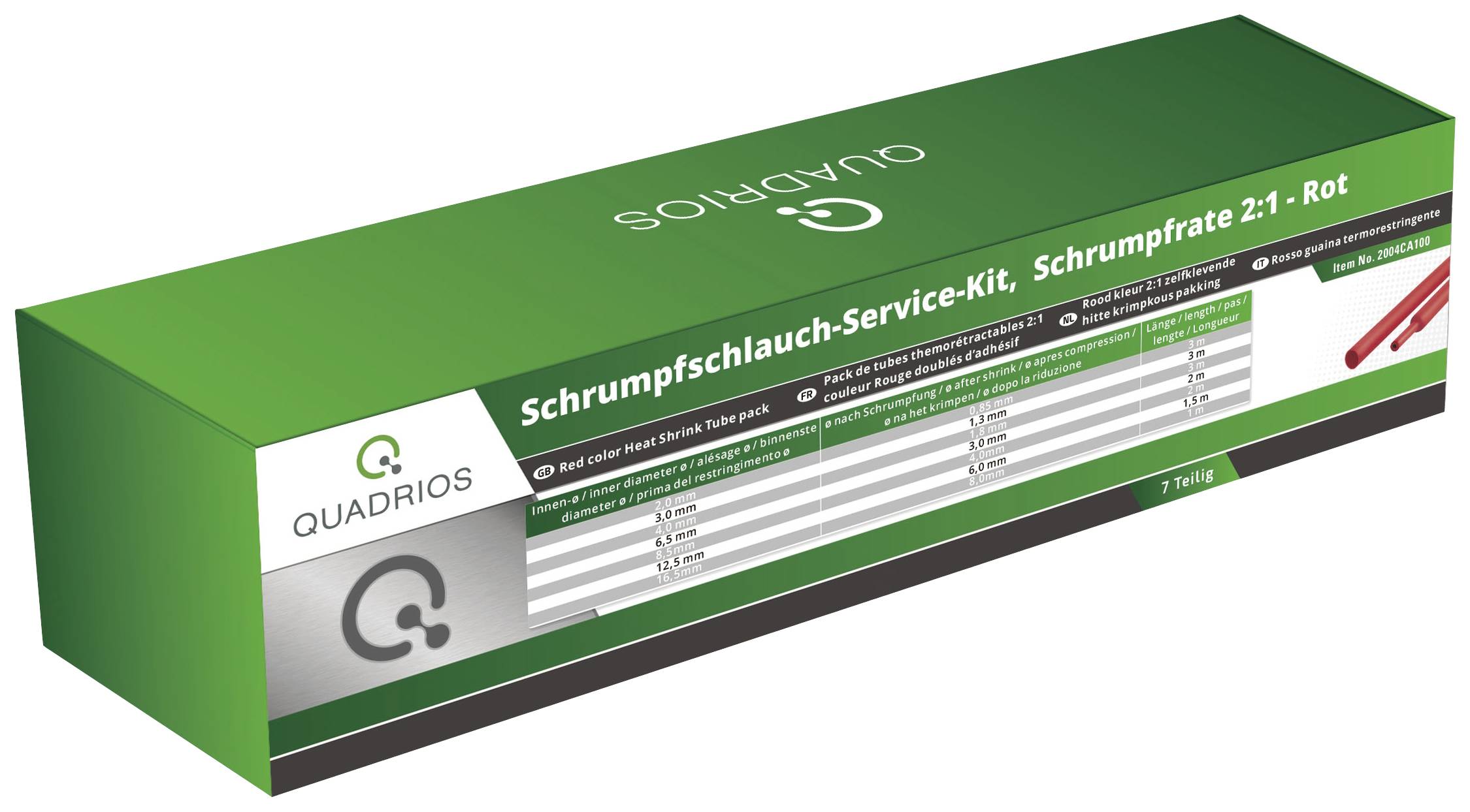 Grünes Schrumpfschlauch-Service-Kit von Quadrios, Schrumpfrate 2:1, rot. Enthält Farbabgaben und Größen auf der Verpackung.