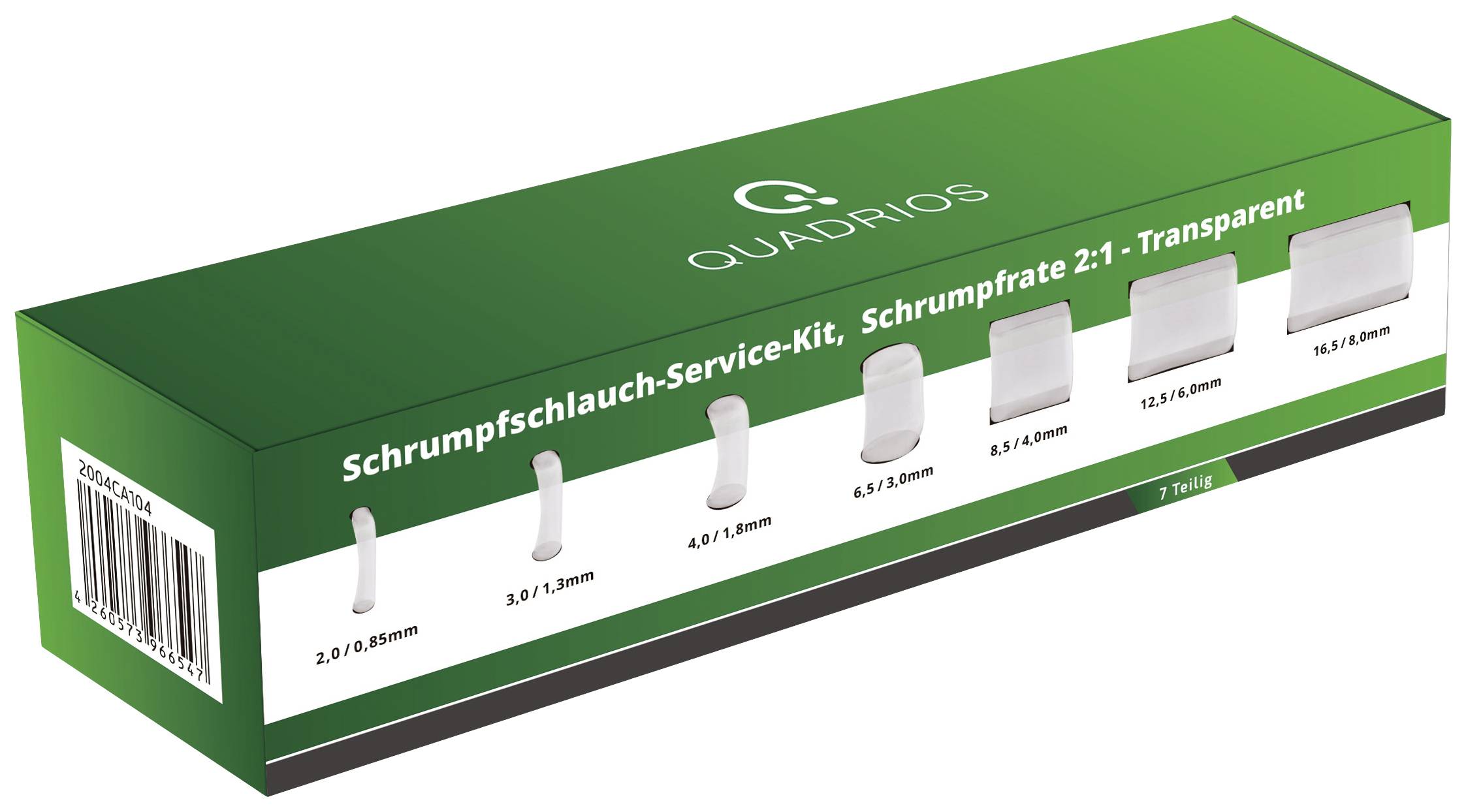 Schrumpfschlauch-Service-Kit von Quadrios mit transparenten Schläuchen in verschiedenen Größen, 7-teilig, auf einer grünen Verpackung.
