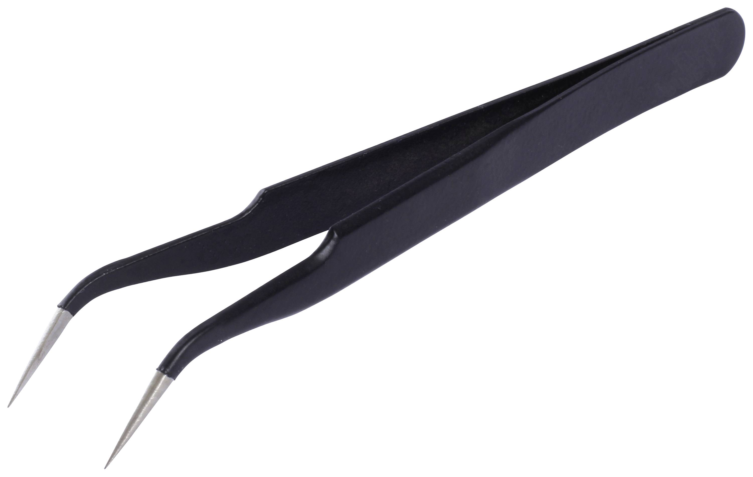Eine schwarze Pinzette mit spitzen Metallenden, geeignet für präzise Arbeiten wie das Greifen kleiner Objekte oder Elektronikteile.