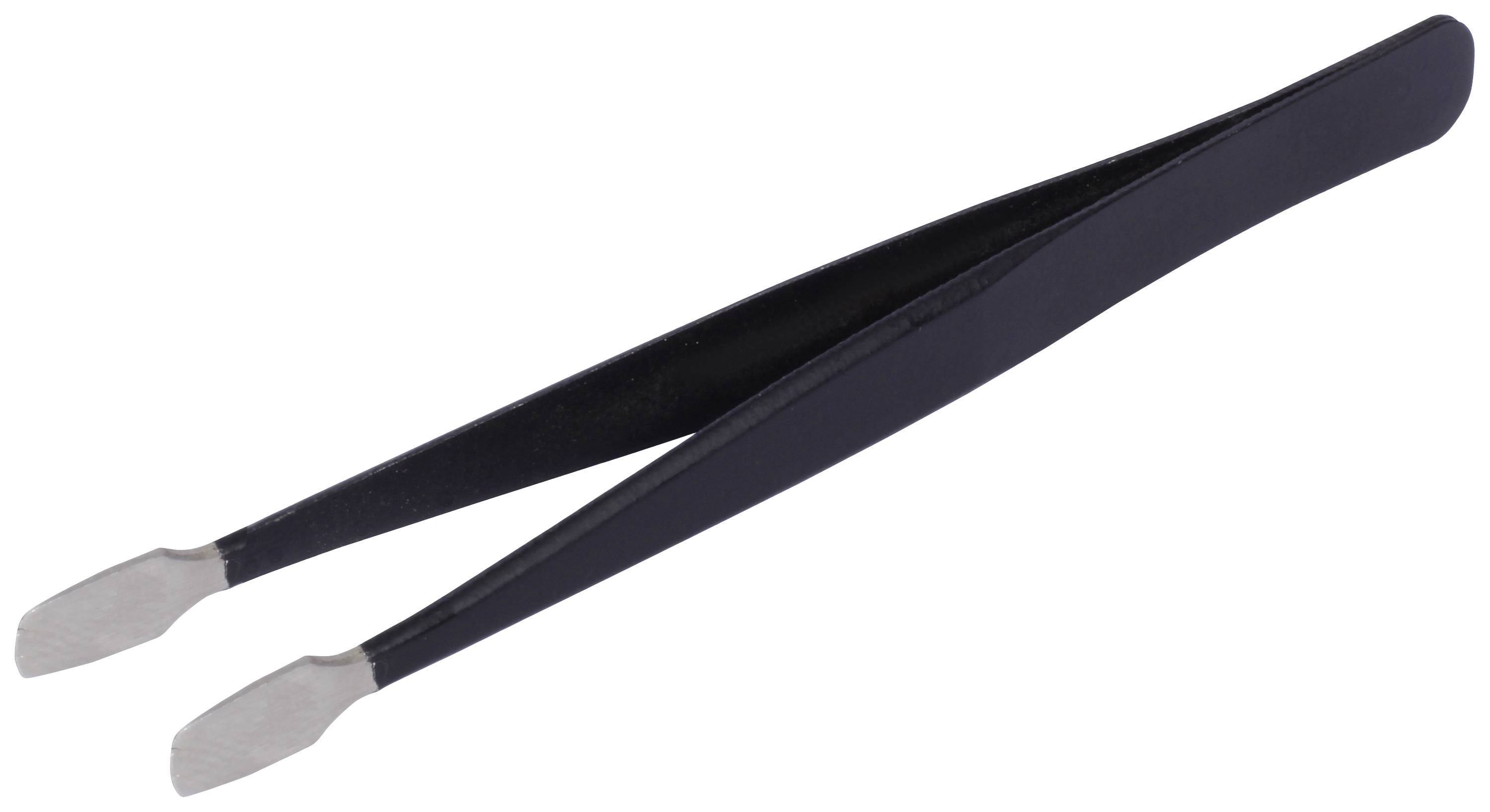 Eine schwarze Pinzette mit abgeflachten, schrägen Spitzen, geeignet für präzises Greifen kleiner Gegenstände oder Haare.