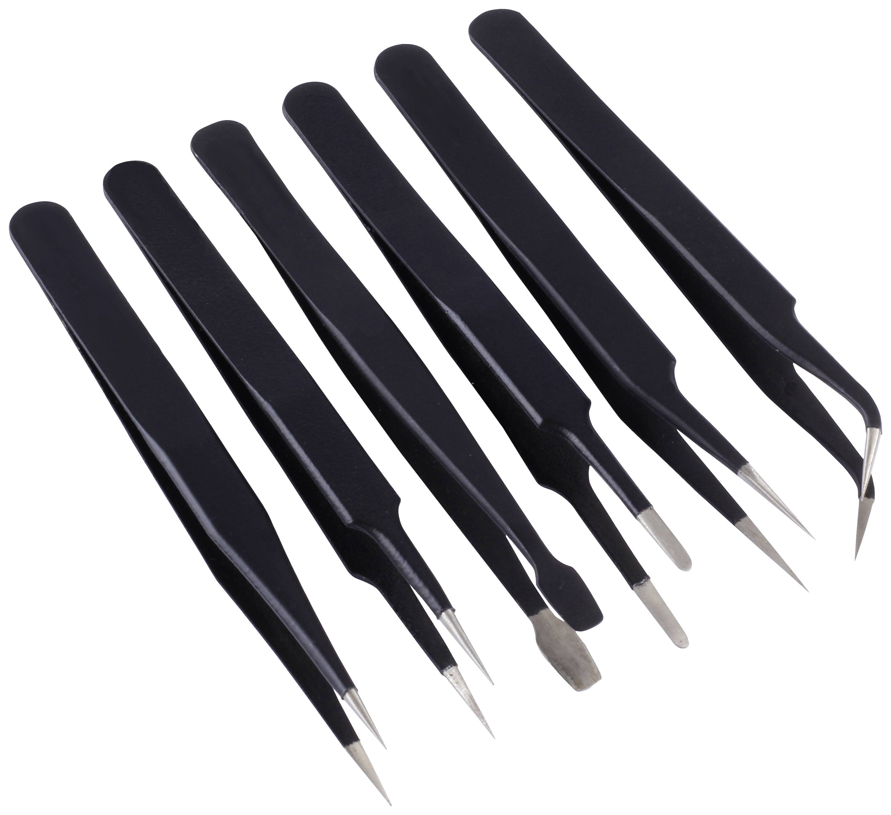 Sechs schwarze Präzisionspinzetten mit unterschiedlichen Spitzenformen, geeignet für feine Arbeiten und Modellbau.