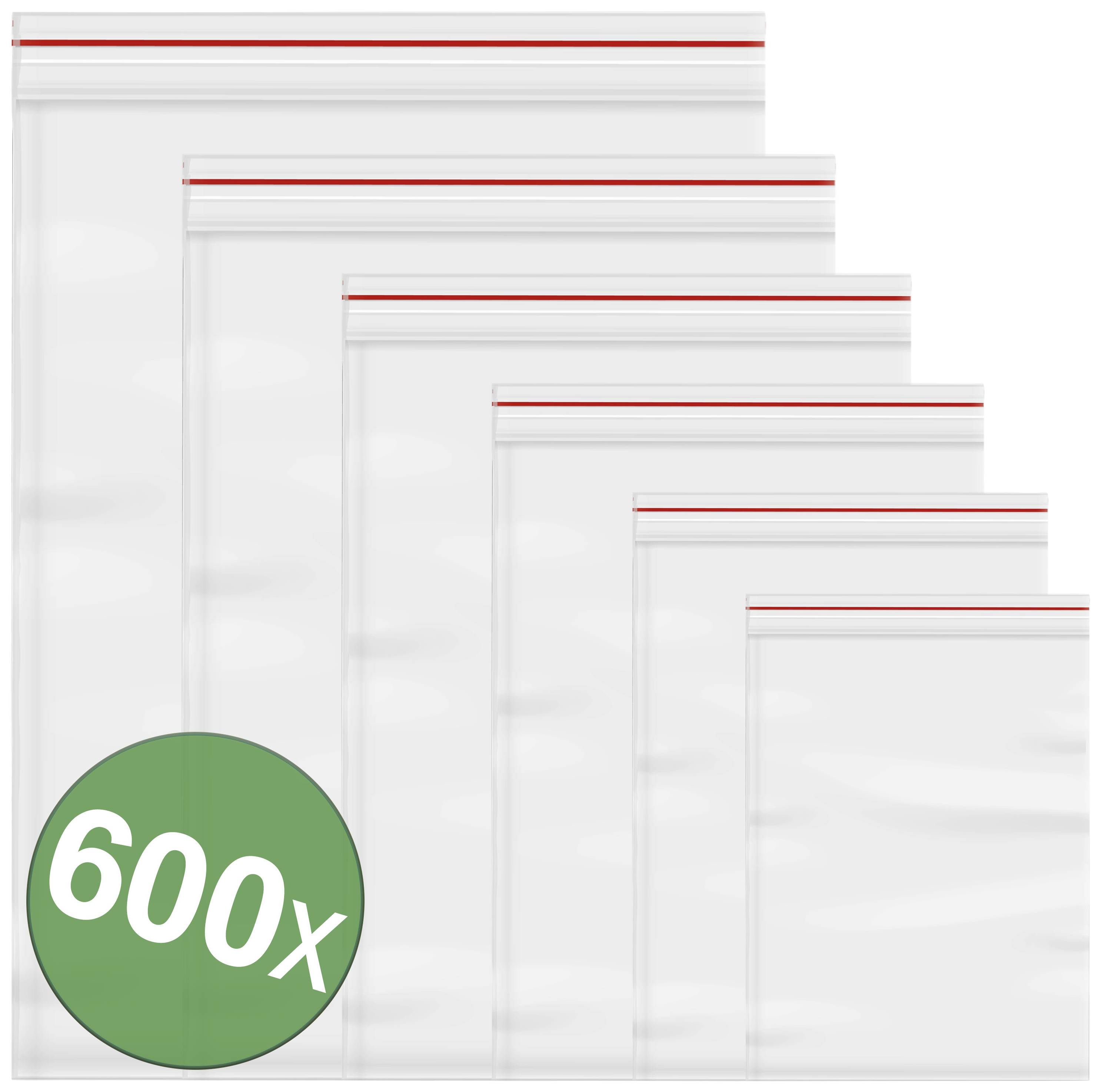 Fünf durchsichtige Zip-Beutel in verschiedenen Größen, von klein bis groß, mit rotem Verschluss; grünes Siegel mit '600X'.